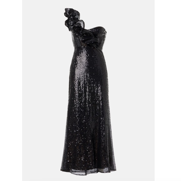 Ieena Mac Duggal Sequin Ruffled One Shoulder Gown Black Maxi Dress - Size 6 - Picture 14 of 14